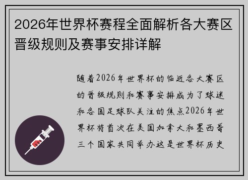 2026年世界杯赛程全面解析各大赛区晋级规则及赛事安排详解