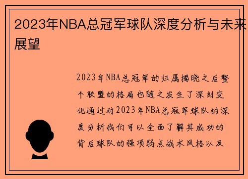 2023年NBA总冠军球队深度分析与未来展望
